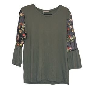 NWOT Milan Kiss Olive Top Large Embroidered Mesh Sleeve Bell Sleeve Boho
